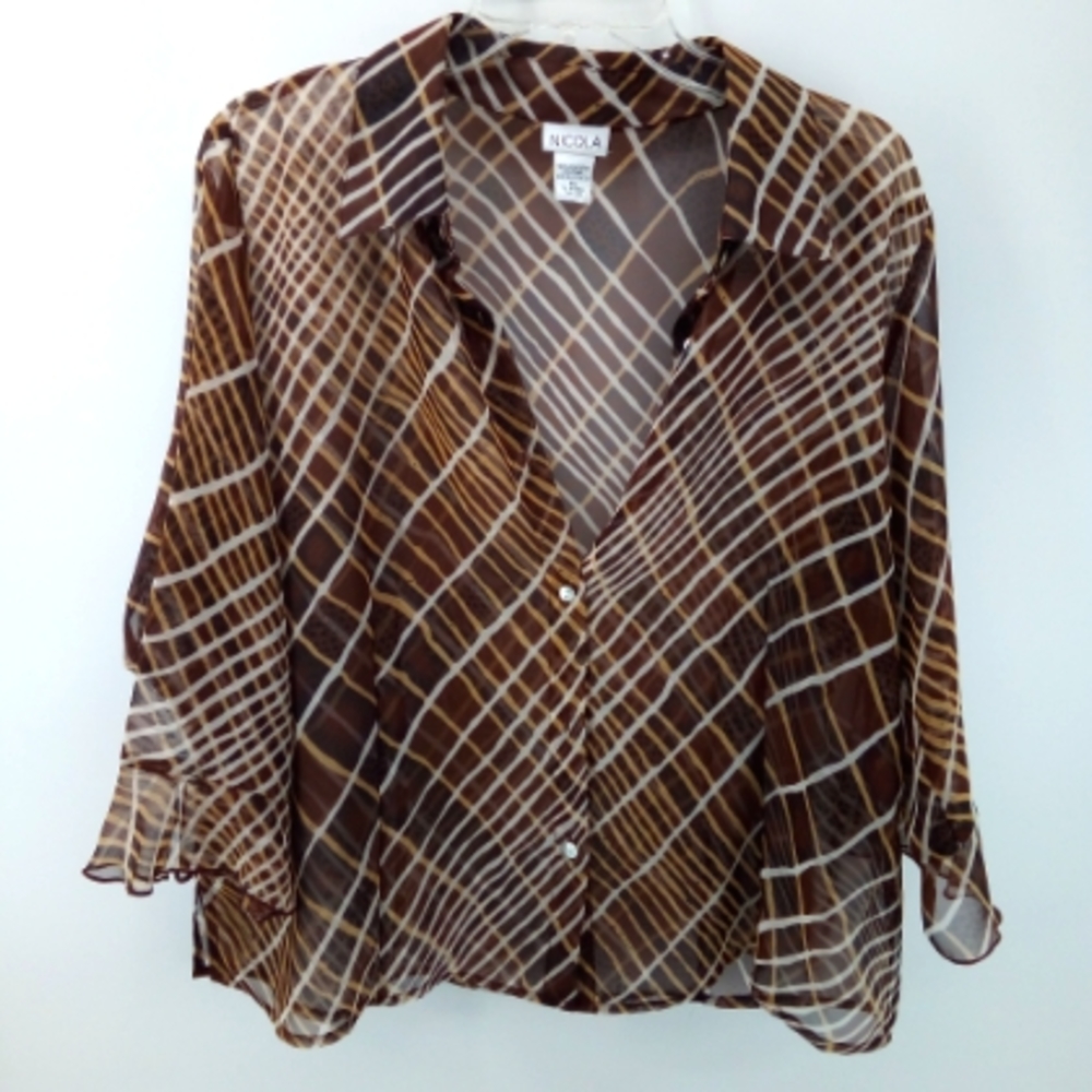 NICOLA Brown and Cream Diagonal Grid Sheer Blouse